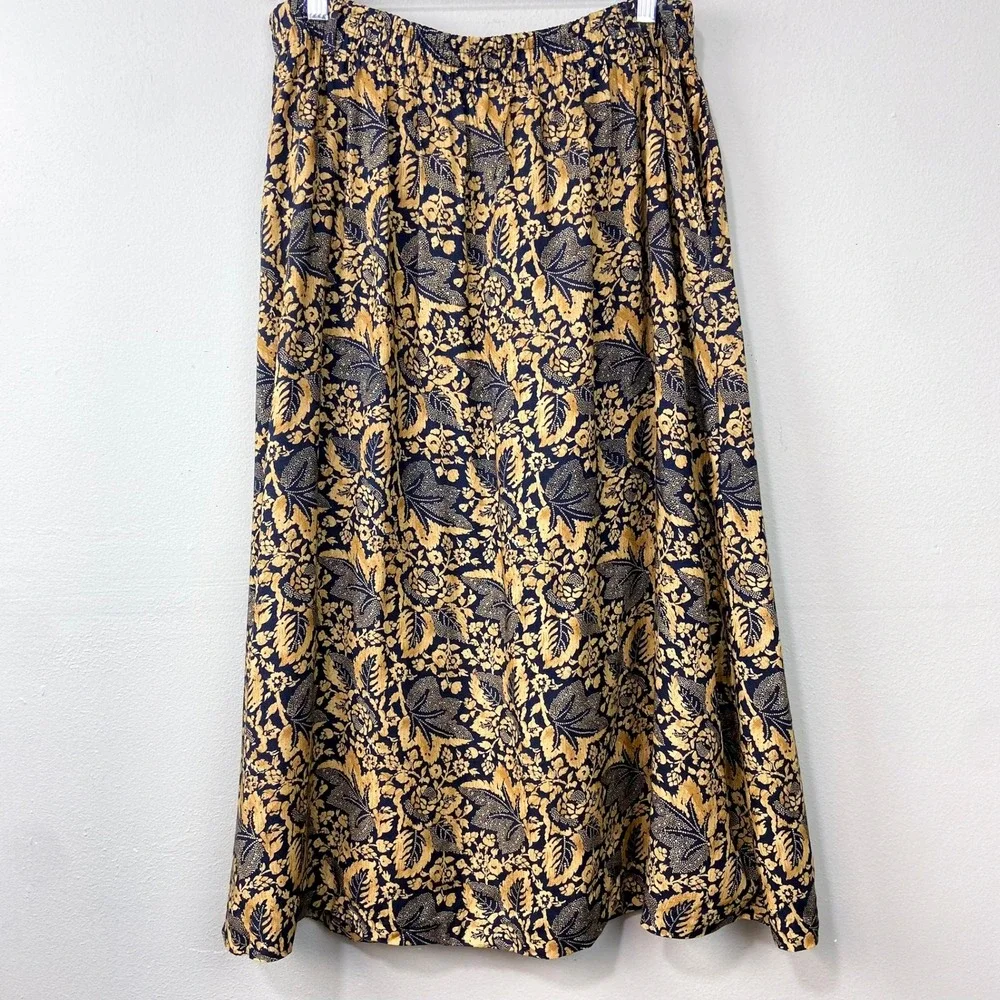 Vintage 90s The Villager Midi Skirt Size L Navy Gold Floral Paisley Cottagecore‎